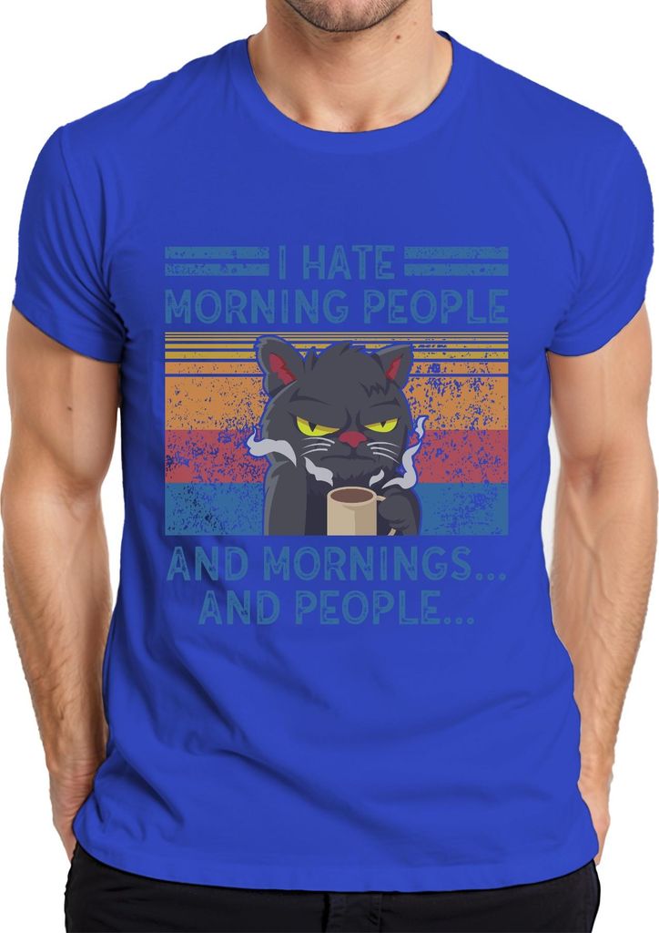 I Hate Mornings And People Morgenmuffel Kaffee Katze Vintage Herren T-Shirt, Blau, L