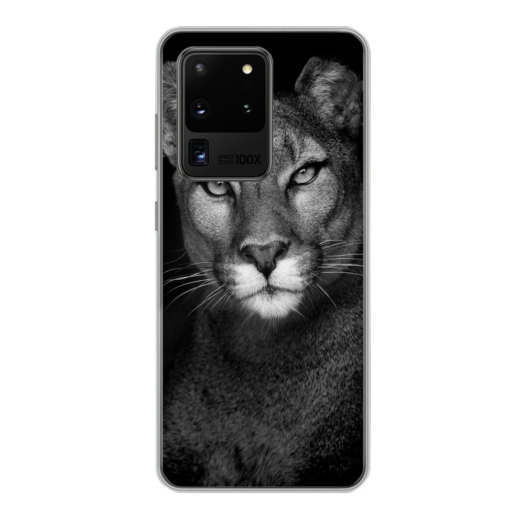 MuchoWow Handyhülle Schutzhülle Hülle für Samsung Galaxy S20 Ultra Porträtfoto eines Pumas auf schwarzem Hintergrund Silikon Softcase Handy ...
