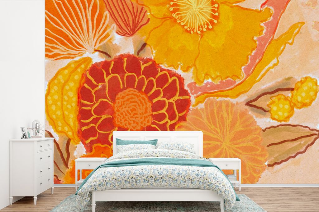 MuchoWow Fototapete für Wohnzimmer oder Schlafzimmer Wandtapete Vinyl Motivtapete Vintage - Blumenstrauß - Blumen - Gelb - Farben - 360x240 cm ...
