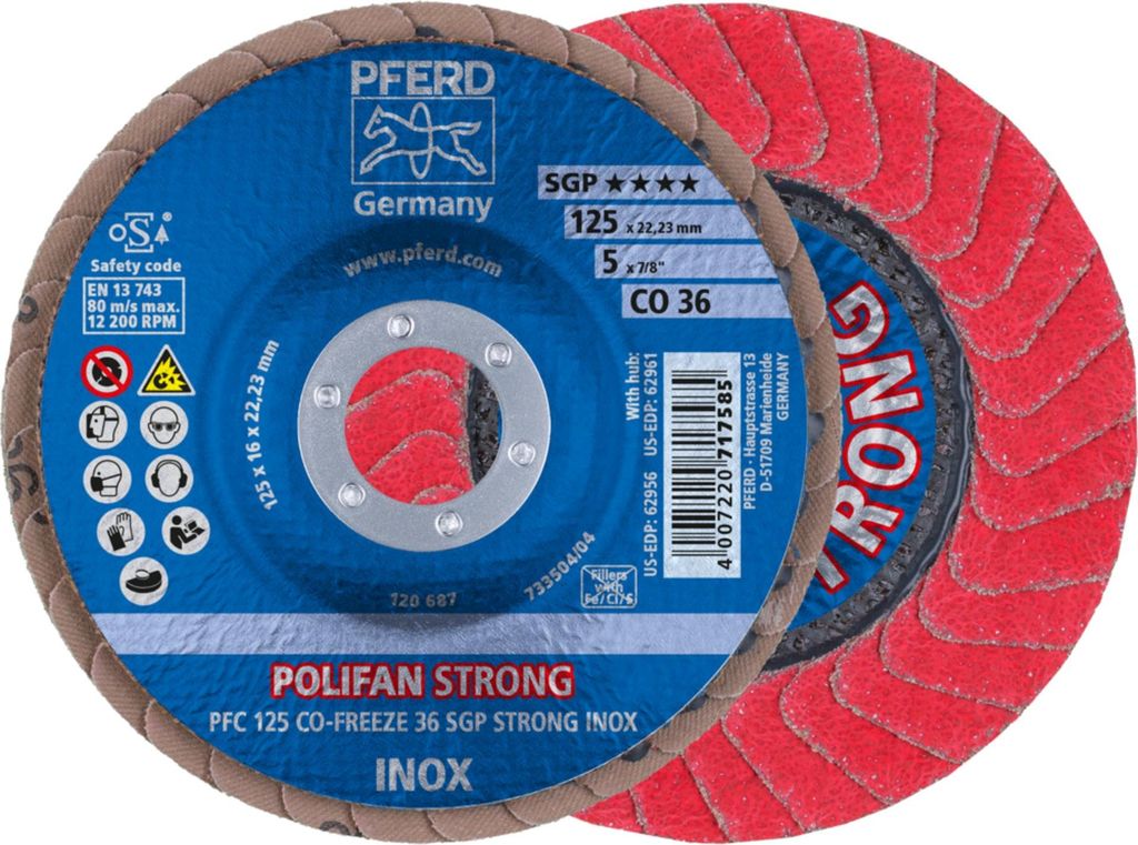 PFERD POLIFAN flap discs ceramic oxide grain CO-FREEZE SGP STRONG INOX, 12,5 cm, 10 Stück(e)