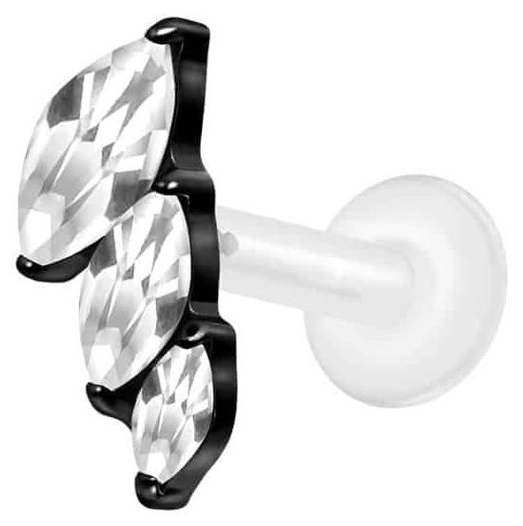 Ohrpiercing, Nasenpiercing PTFE Labret mit Innengewinde + Titan-Aufsatz 3 EINGEFASSTE KRISTALLTROPFEN Schwarz Stablänge: 8mm | Stabstärke: 1,2mm
