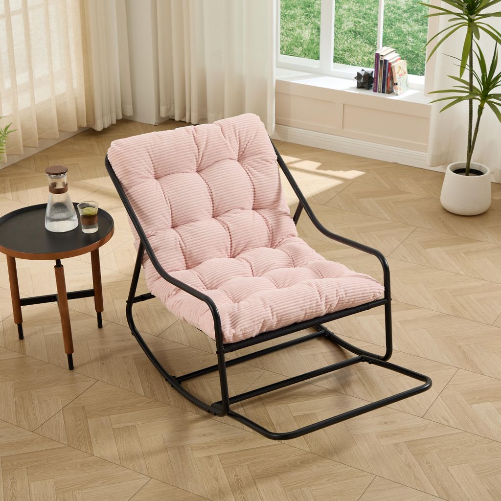 Outdoor Schaukelstuhl mit bequemem Polster, schwarzer Rahmen & rosa Kissen, bequemer Rocking Chair für Wohnzimmer, Schlafzimmer & Terrasse