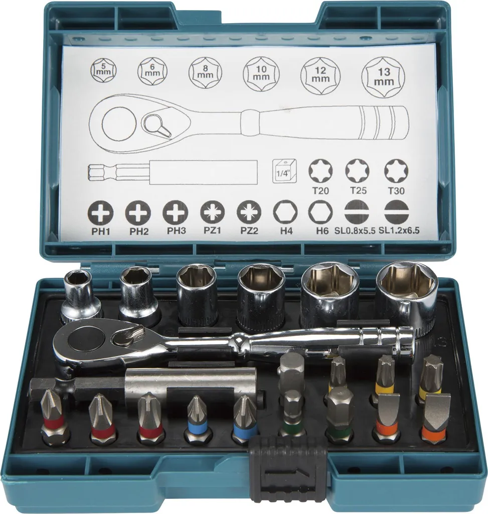 Makita - Set di punte per cacciavite e cricchetto - 21 pezzi - torx, phillips, pozidriv, hex - 5 mm, 6 mm, 8 mm, 10 mm, 12 mm, 13 mm - Lunghezza: 25 mm