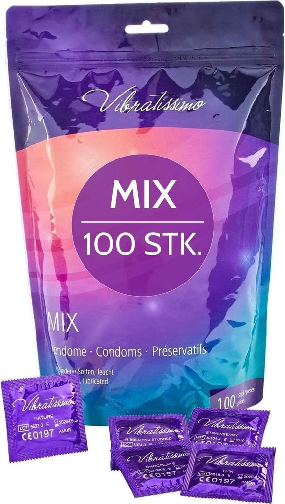 VIBRATISSIMO Kondome Mix 100er Pack gemischt | gefühlsecht & extra feucht | Beutel dünne Wandstärke & Aromatisiert | hauchzart genoppt & gerippt