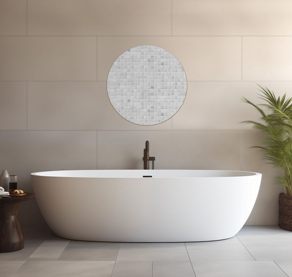 Wallario wasserfestes Poster selbstklebend 60 x 60 cm, Fliesen im Bad weiß-grau, Badezimmerposter Spritzschutz mit Hochglanzoberfläche in Glasoptik