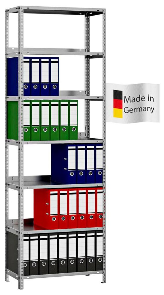 PROREGAL Aktenregal Schraubsystem MAGNUS Germany | HxBxT 220x75x30cm | 7 Ebenen | Fachlast 60kg | Einseitig nutzbar | Verzinkt