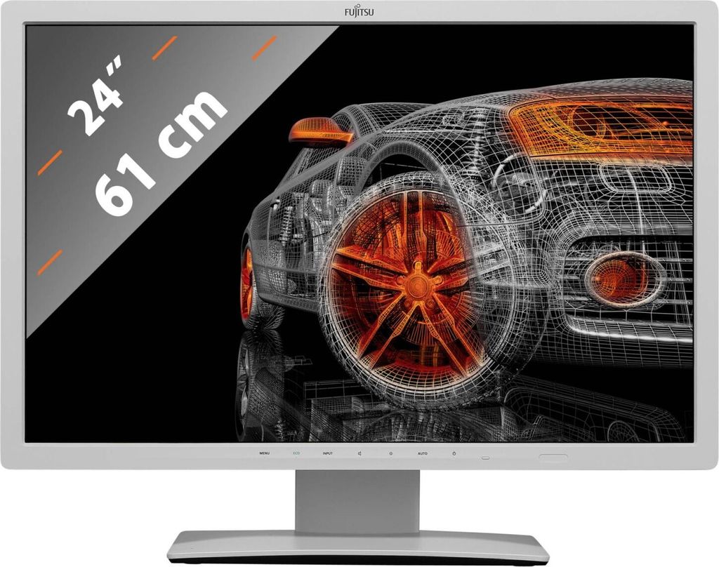 A wireframe rendering of a car with orange accents on a black background, displayed on a computer monitor.