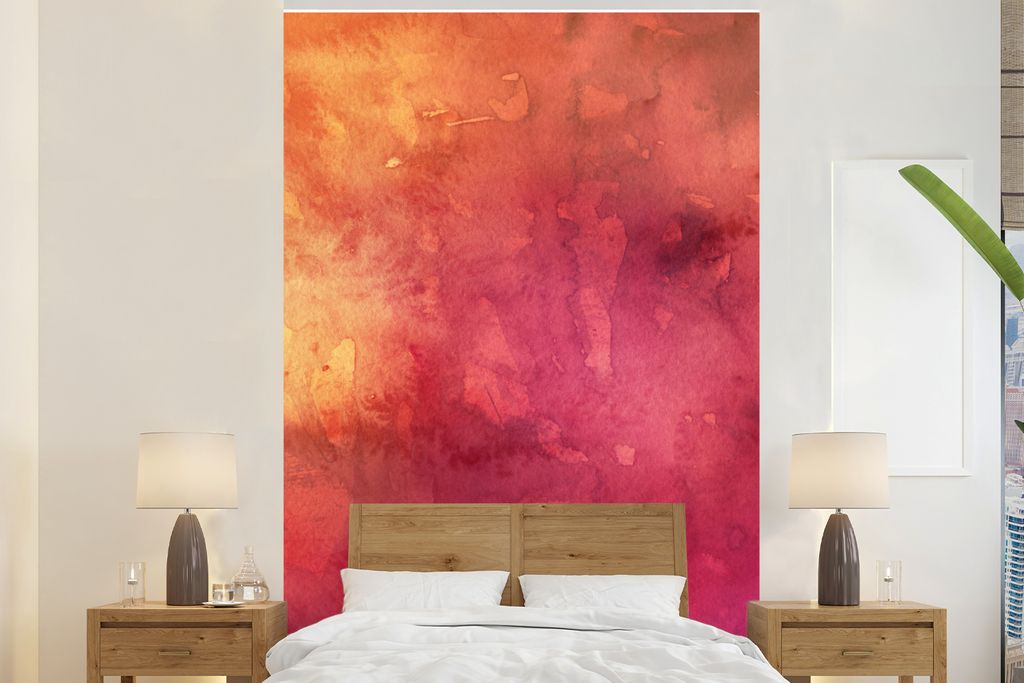 MuchoWow Fototapete für Wohnzimmer oder Schlafzimmer Wandtapete Vinyl Motivtapete Aquarell - Gelb - Orange - Rot - 200x300 cm - Wanddekorationen