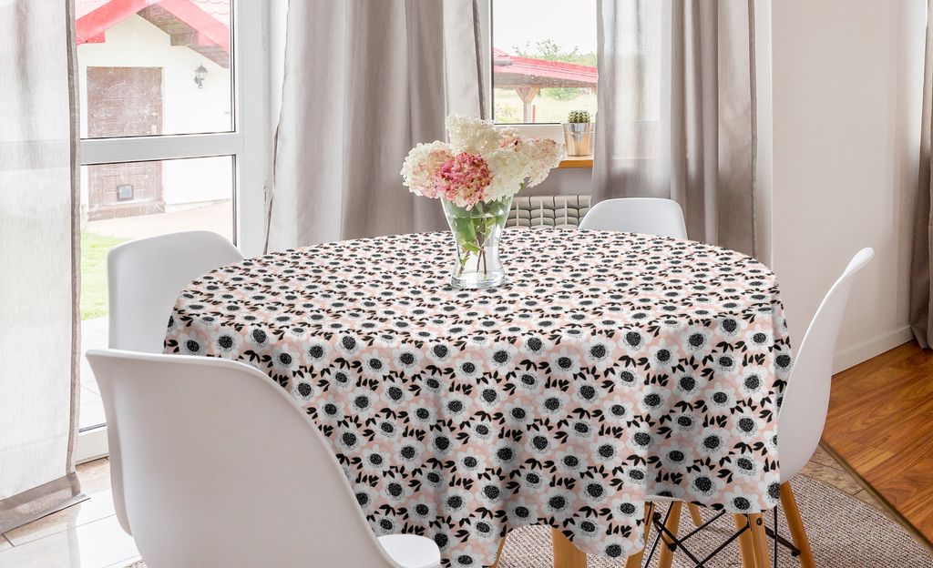 ABAKUHAUS Blume Runde Tischdecke, Floral Pastell Weich, Kreis Tischdecke Abdeckung für Esszimmer Küche Dekoration, 150 cm, Pale Pink Weiß Schwarz
