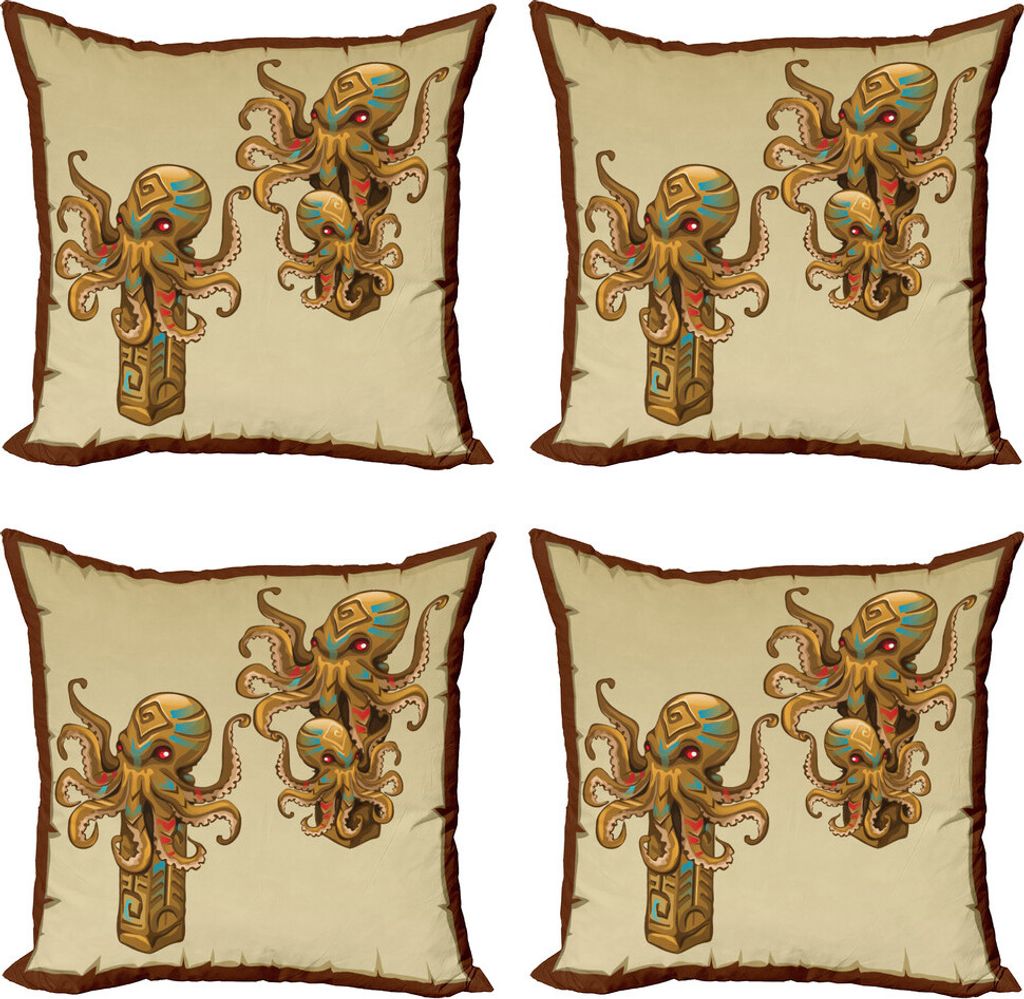 ABAKUHAUS Tintenfisch Kissenbezug Set (4 Stück), Cartoon-Stil Kraken Entwurf, Moderner Doppelseitiger Digitaldruck, 40 cm x 40 cm, Braun