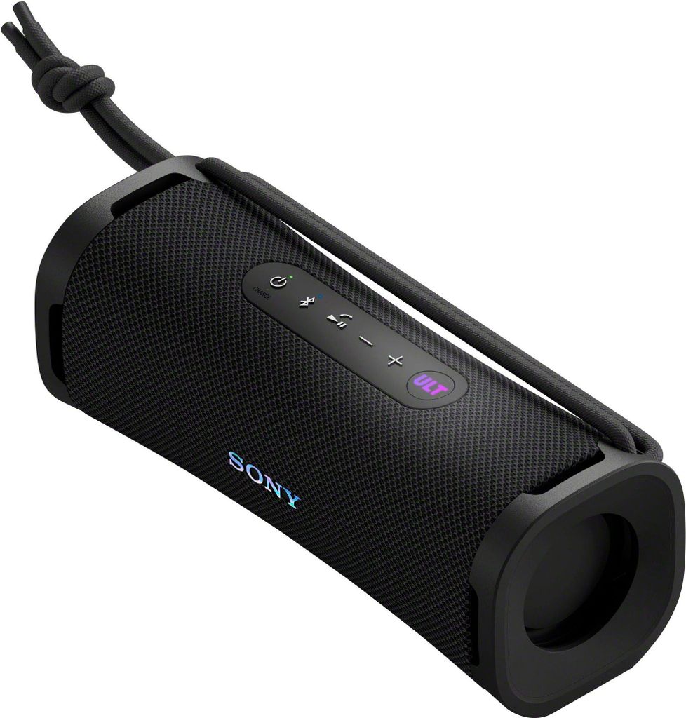 A black Sony Bluetooth speaker is shown against a white background.