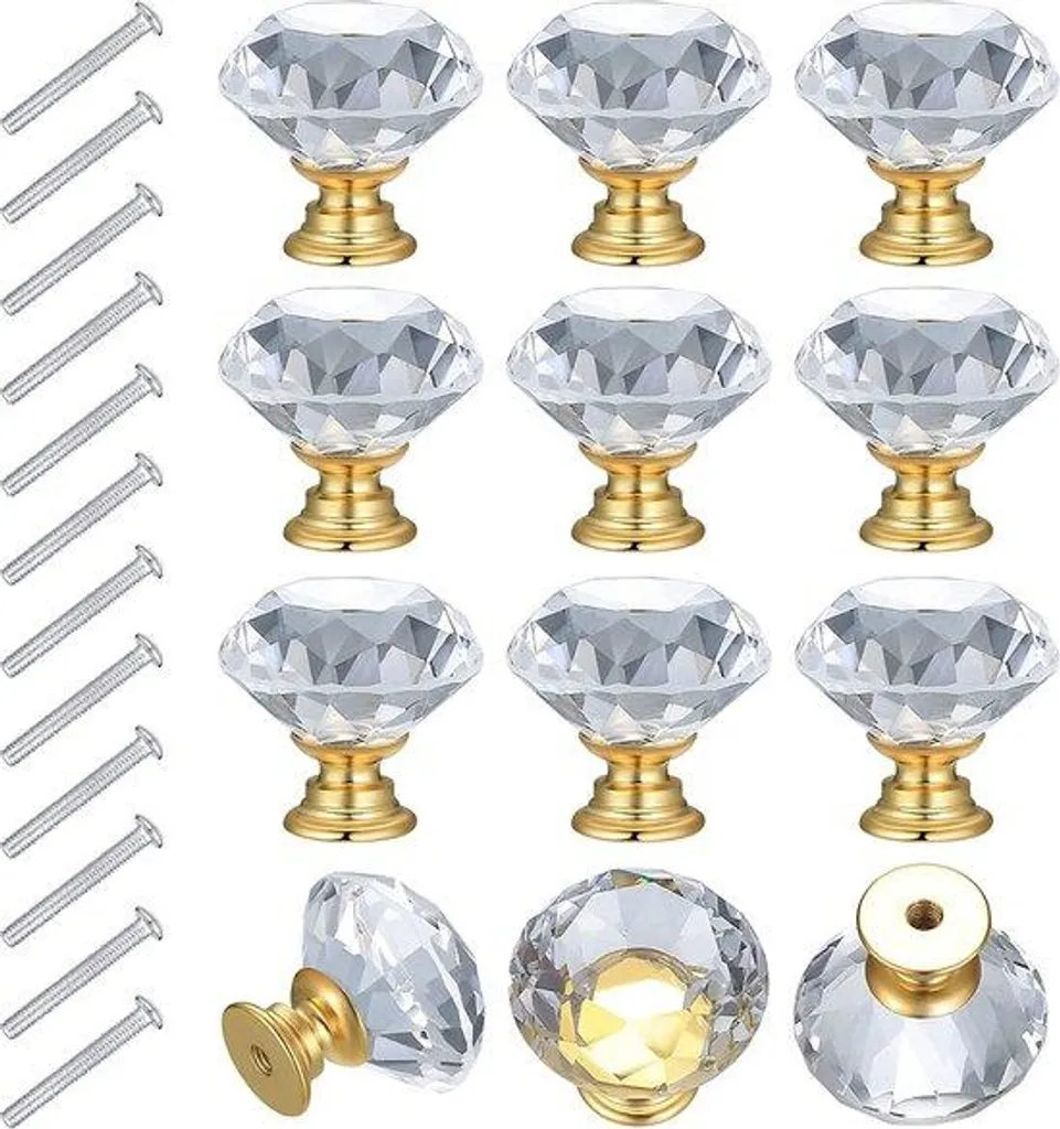 Remplacer poignées cassées : 12 boutons en verre pour armoire avec vis