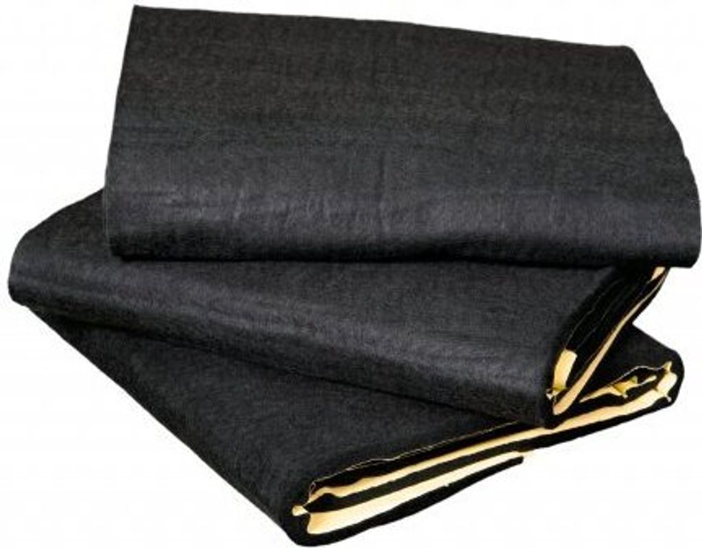 Three folded pieces of black sound-dampening material are stacked on a white background.
