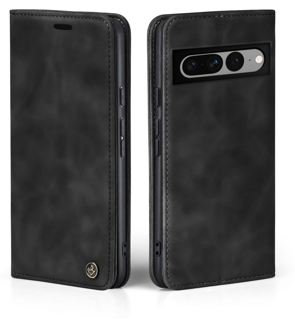 Two views of a black flip-style phone case for a Google Pixel 7 Pro.