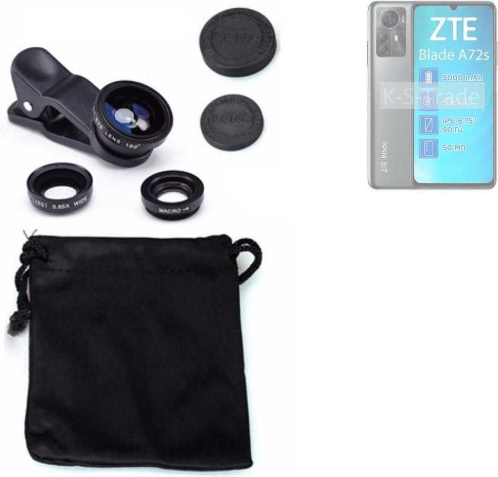 K-S-Trade Smartphone Kamera Linsen Set Kompatibel mit ZTE Blade A72s 3in1 Clip-On Kamera Adapter Macro Weitwinkel FishEye Fischauge Objektiv Linse