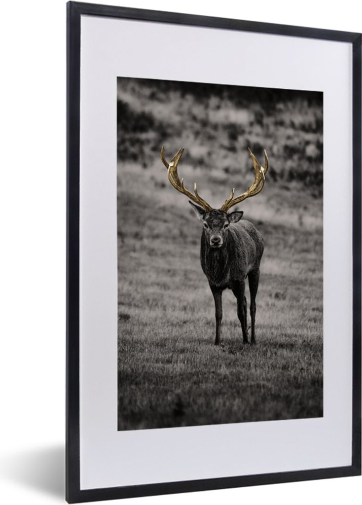 MuchoWow MuchoWow Gerahmtes Poster Hirsch - Gold - Geweih 40x60 cm - Poster mit zchwarzem Bilderrahmen - Poster in Rahmen