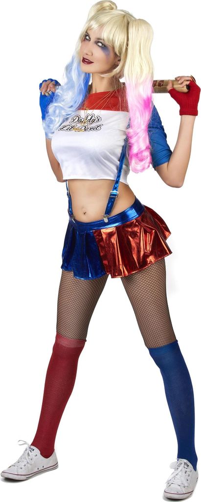 A woman in a Harley Quinn costume holding a baseball bat.