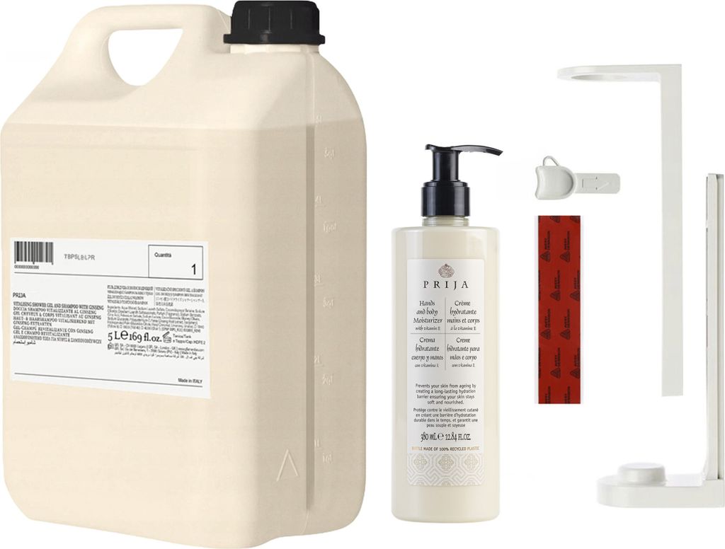 PRIJA Badezimmer-Set: weißer Flaschenhalter, 380ml Feuchtigkeitscreme + 5l Vorrat