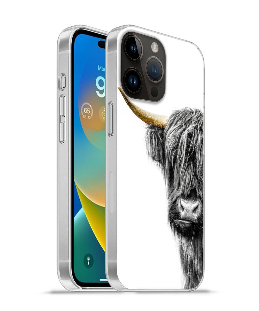 MuchoWow Handyhülle Schutzhülle Hülle für Apple iPhone 14 Pro - Softcase Schottischer Highlander - Tiere - Schwarz und Gold Silikon Softcase ...