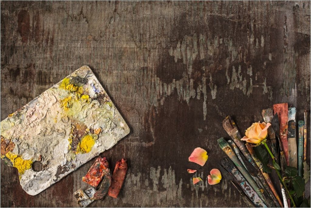 Wallario Poster - Pinsel und Farbe auf altem Holz, Kunstdruck Größe: 61 x 91,50 cm
