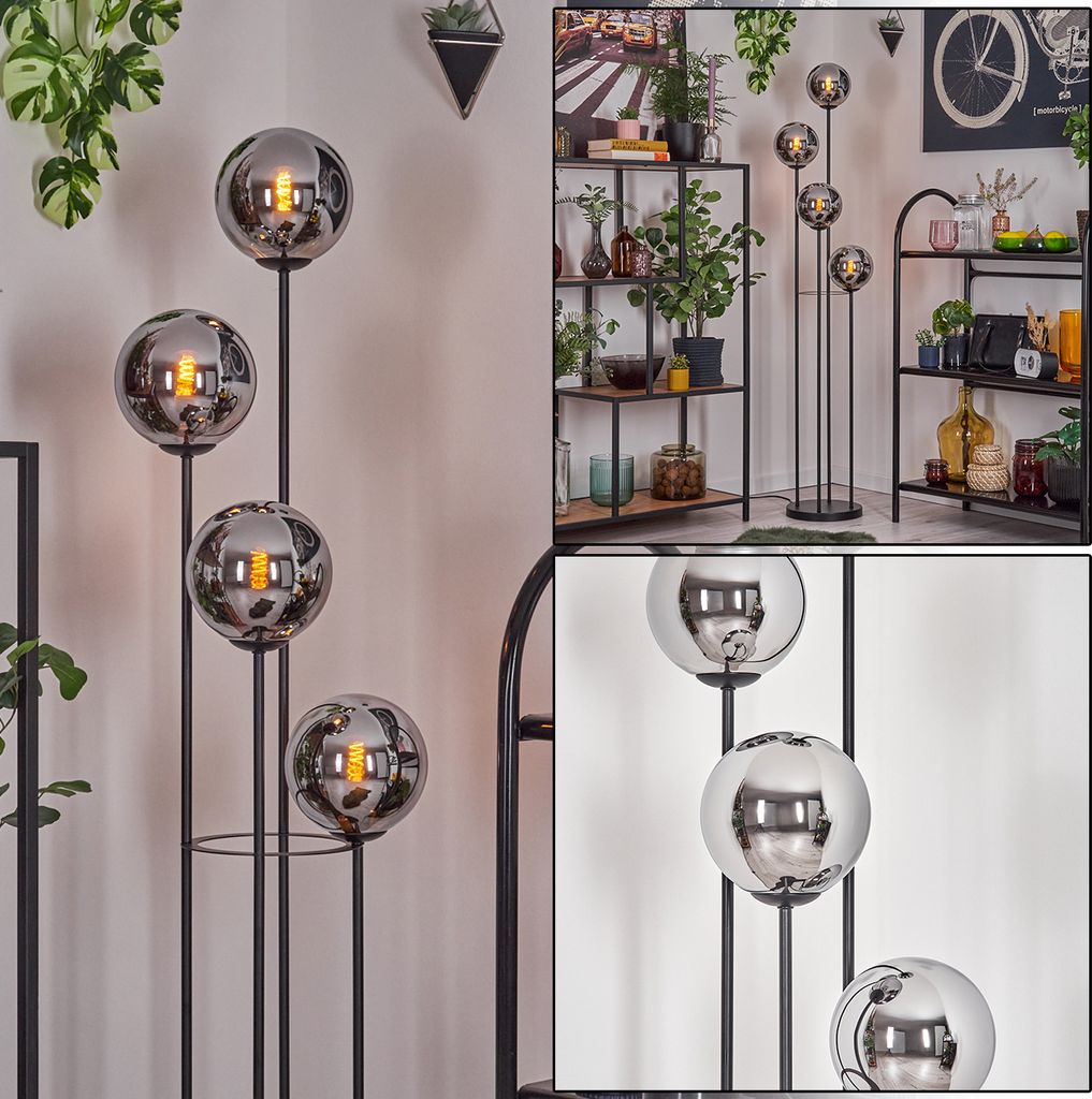 Fossobiubo Stehlampe aus Metall/Glas in Schwarz/Chrom/Rauch mit Fußschalter