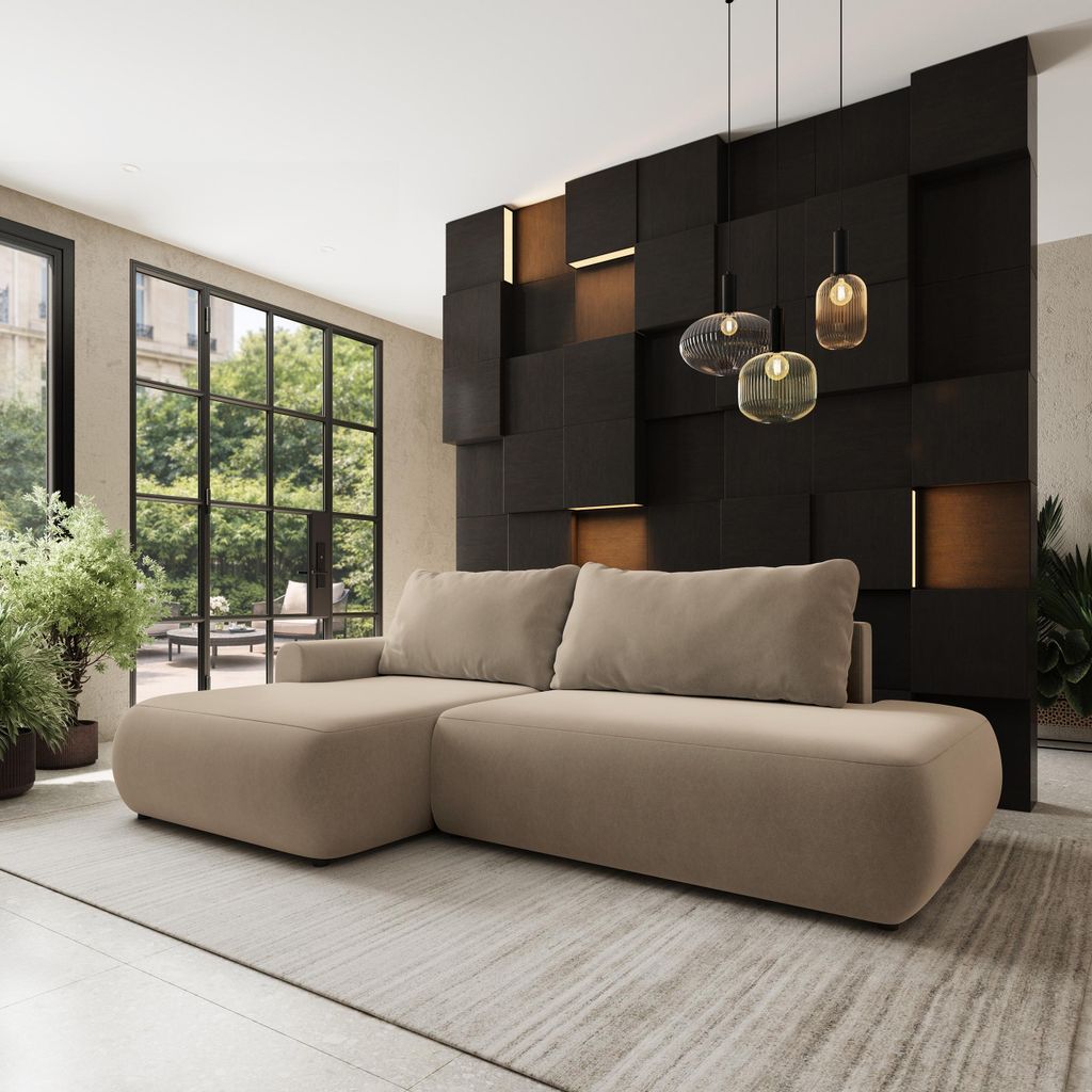 Masseno Ecksofa NUVIRA CL L-S mit Schlaffunktion L-Form, Sofa mit Bettkasten, Wohnzimmersofa, Couch, Soffa, Bettsofa, Couchgarnitur- Beige, CASTEL 15