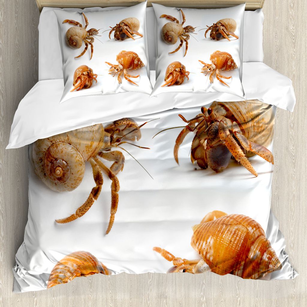 ABAKUHAUS Meerestiere Bettbezugs Set Für Doppelbetten, Einsiedlerkrebs-Muster, Milbensicher Allergiker geeignet mit Kissenbezügen, Ringelblume un...