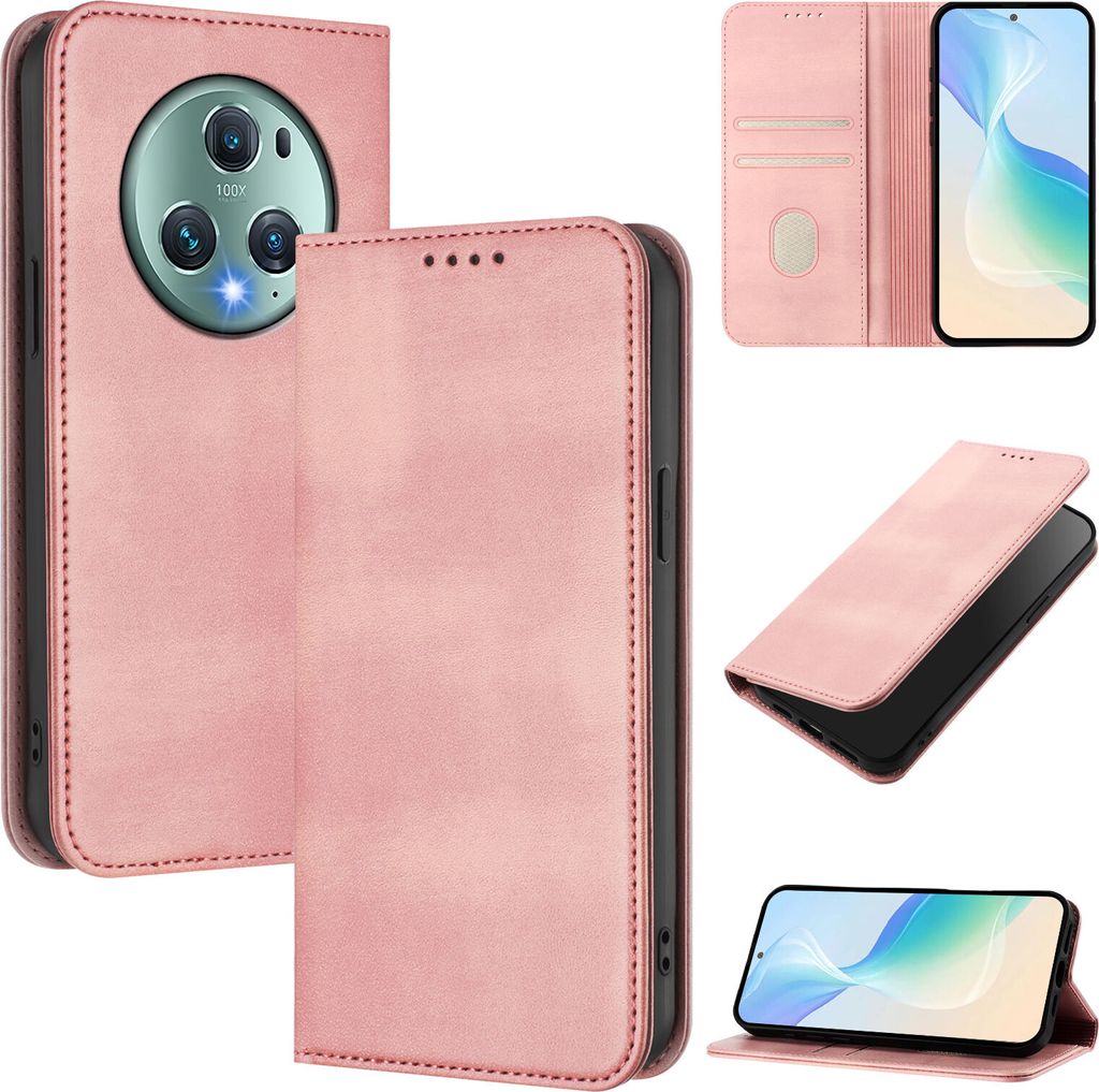 Handyhülle für Honor Magic5 Pro, Vintage Leder RFID Schutz Kartenfach Standfunktion Magnetische Klapphülle Pink