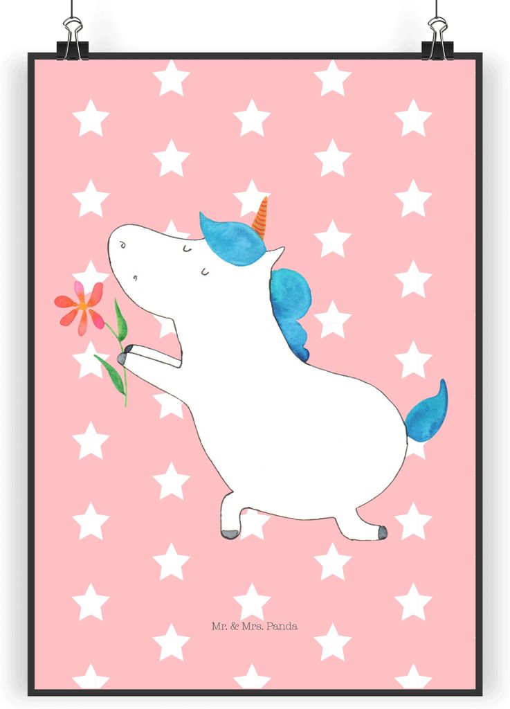 Mr. & Mrs. Panda Bild Einhorn Blume DIN A4 - Rot Pastell - Geschenk, Liebesbeweis, drucke, wanddeko, Heiraten, Kunstdruck, Plakat, Unicorn, Wandbil...