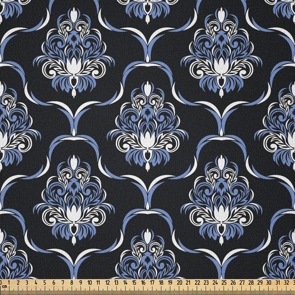 ABAKUHAUS Dunkelblau Microfaser Stoff als Meterware , Vintage königliche Damast-Motiv-Wirbel Curvy Fliese-viktorianische Mode, 5 M (230 x 500 cm),...