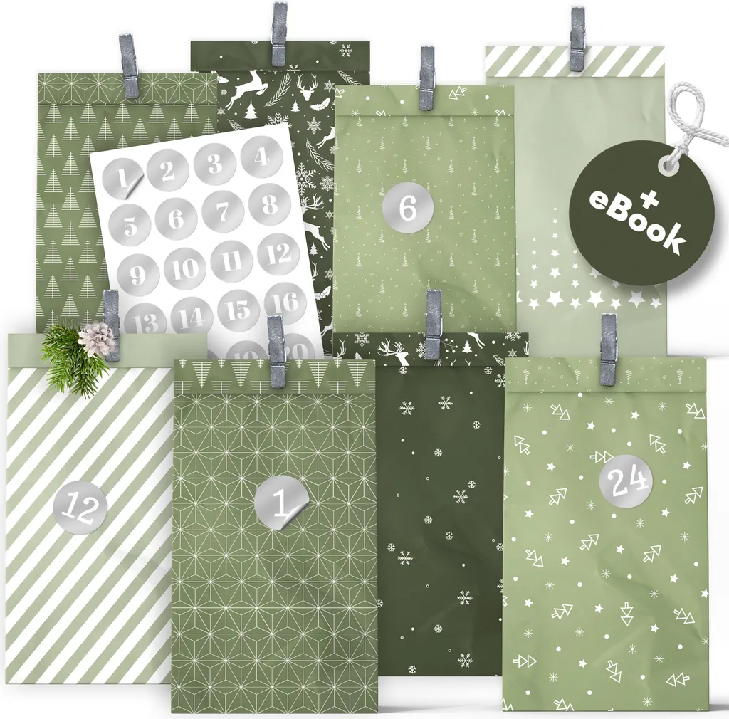 Kit calendrier de l'Avent 24 sachets en papier avec pinces en bois