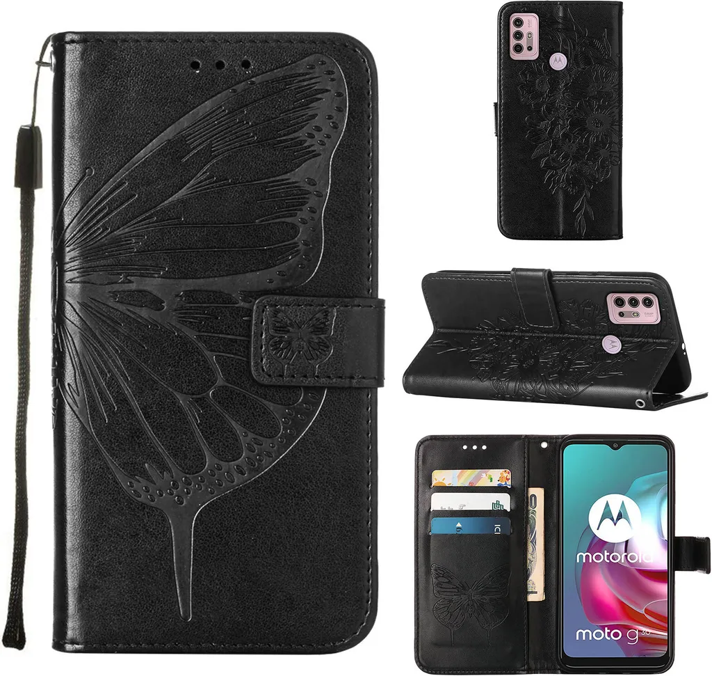 Custodia Moto G30 G10 Pelle Butterfly | Cover a Portafoglio Nero
