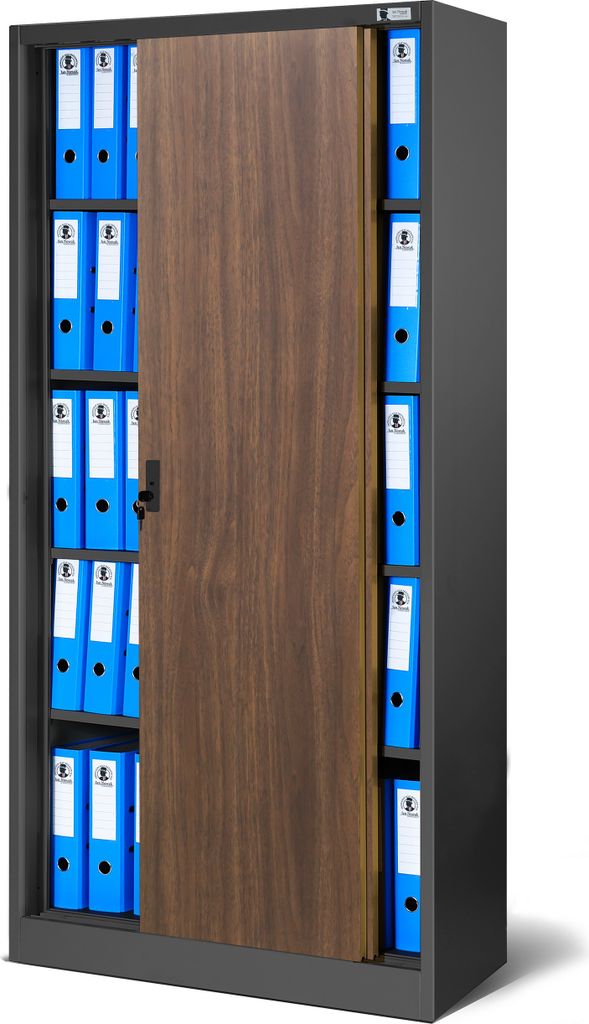 Aktenschrank Büroschrank mit Schiebetüren Stahlblech Fachböden Pulverbeschichtung abschließbar 185 cm x 90 cm x 40 cm Farbe: Anthrazit-Holzoptik