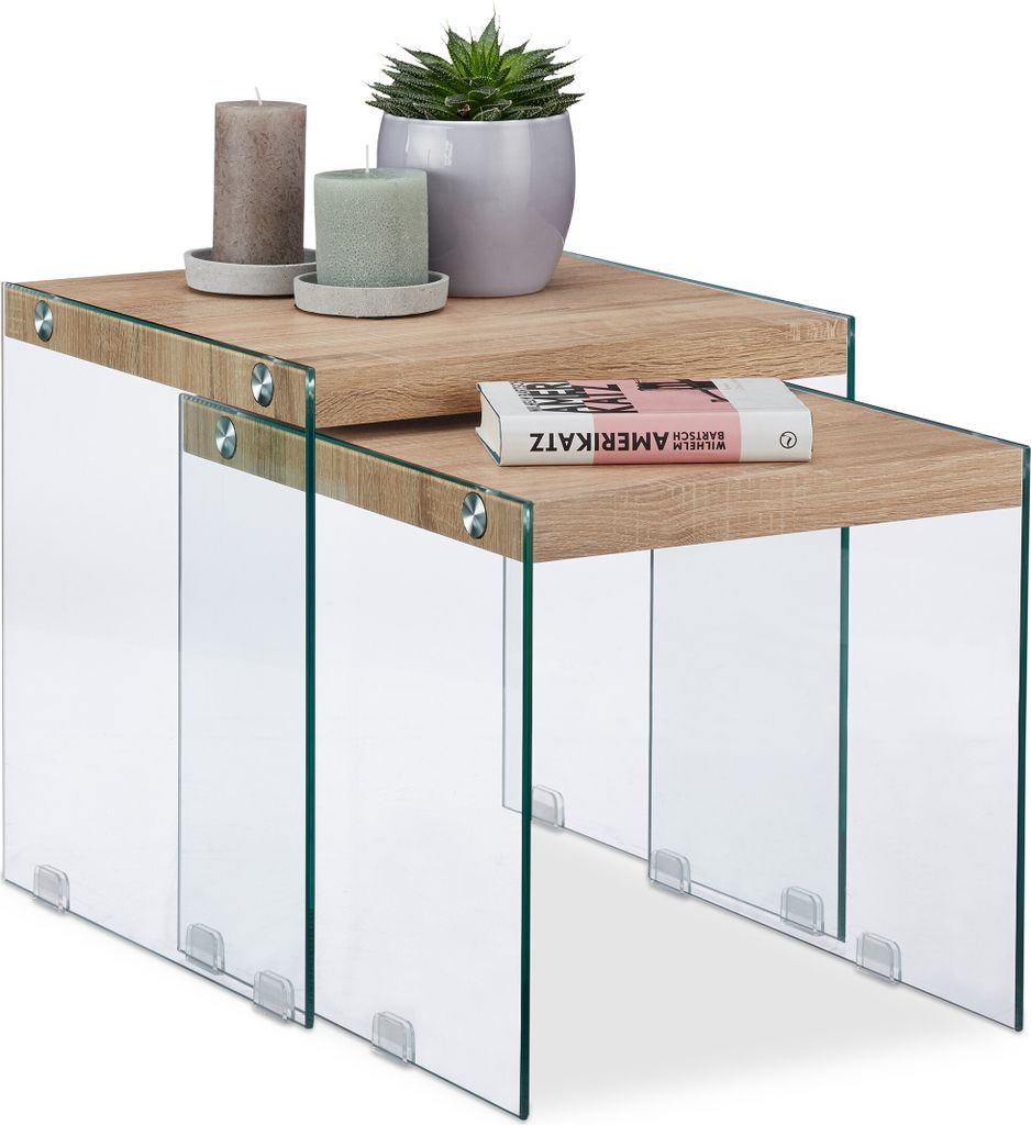 Relaxdays Satztisch 2er Set, massive Tischplatte, edle Glas Beistelltische, Wohnzimmer, Couchtische 40-45 cm hoch, natur