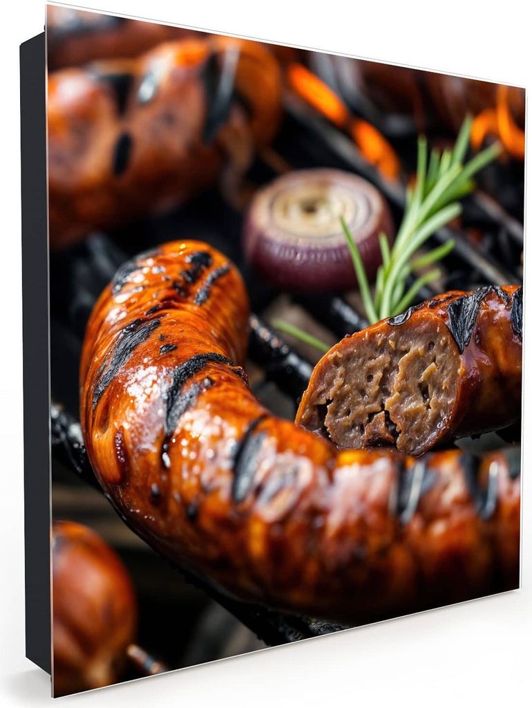 Nachbildung-Schlüsselkasten, Magnetpinnwand und Memoboard mit Glasfront Motiv Grillwurst B B Q