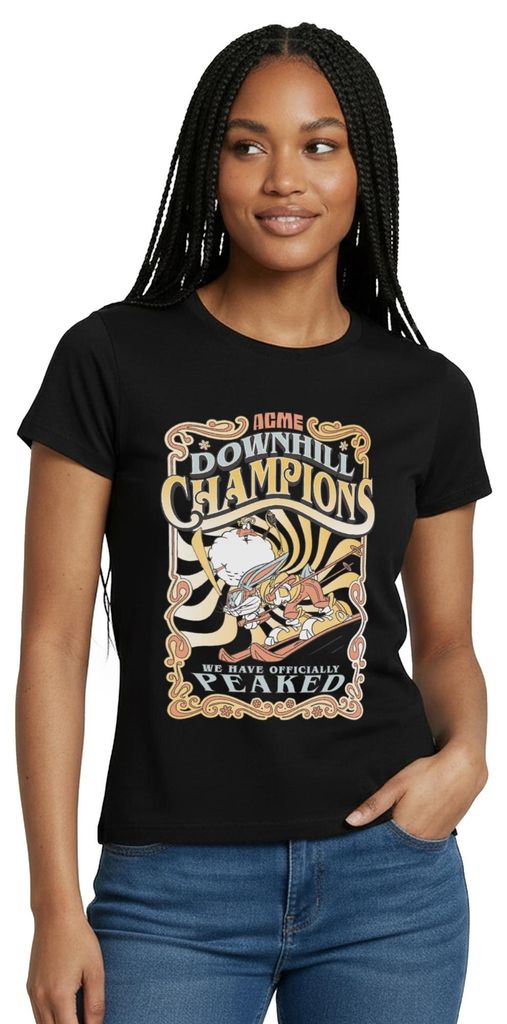 Spreadshirt Looney Tunes Bugs Bunny Downhill Champions Ski Frauen T-Shirt, L, Schwarz