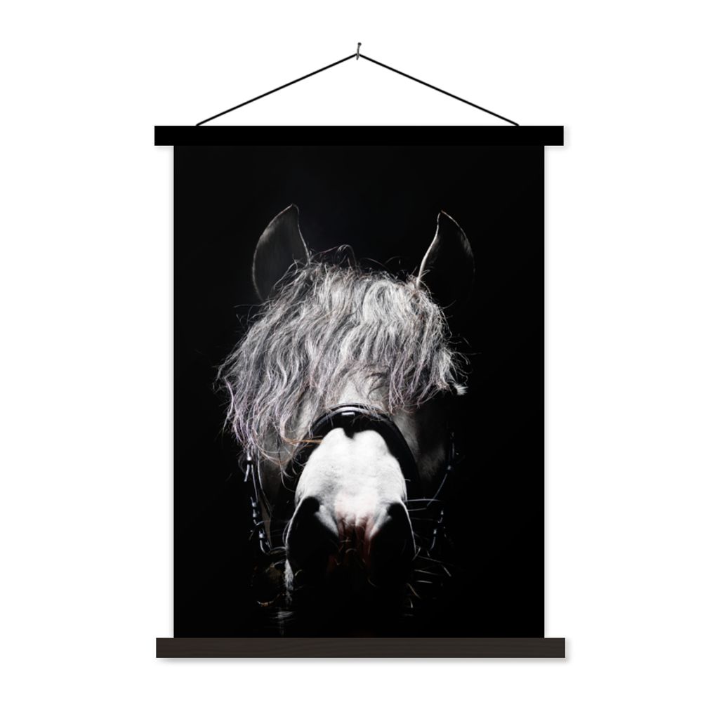 MuchoWow Textilposter Pferd - Porträt - Schwarz - Weiß 90x120 cm mit schwarzem Rahmen - Dekoration