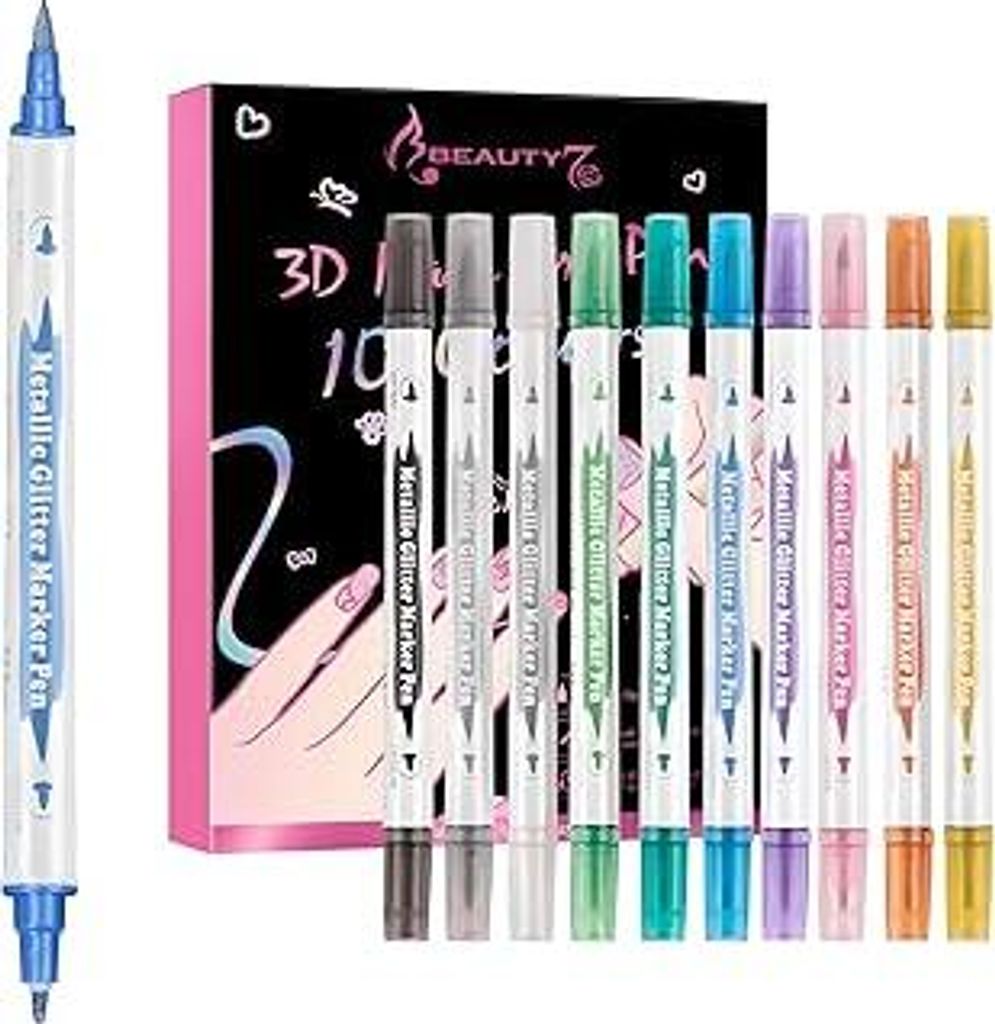 Beauty7 Nagelart-Stifte Set Nagel Stifte Malstifte Farbstifte für Nägel 10 farbige 3D Nail Art mit Glitzer & Doppelspitze Feiner Liner-Pinsel und...