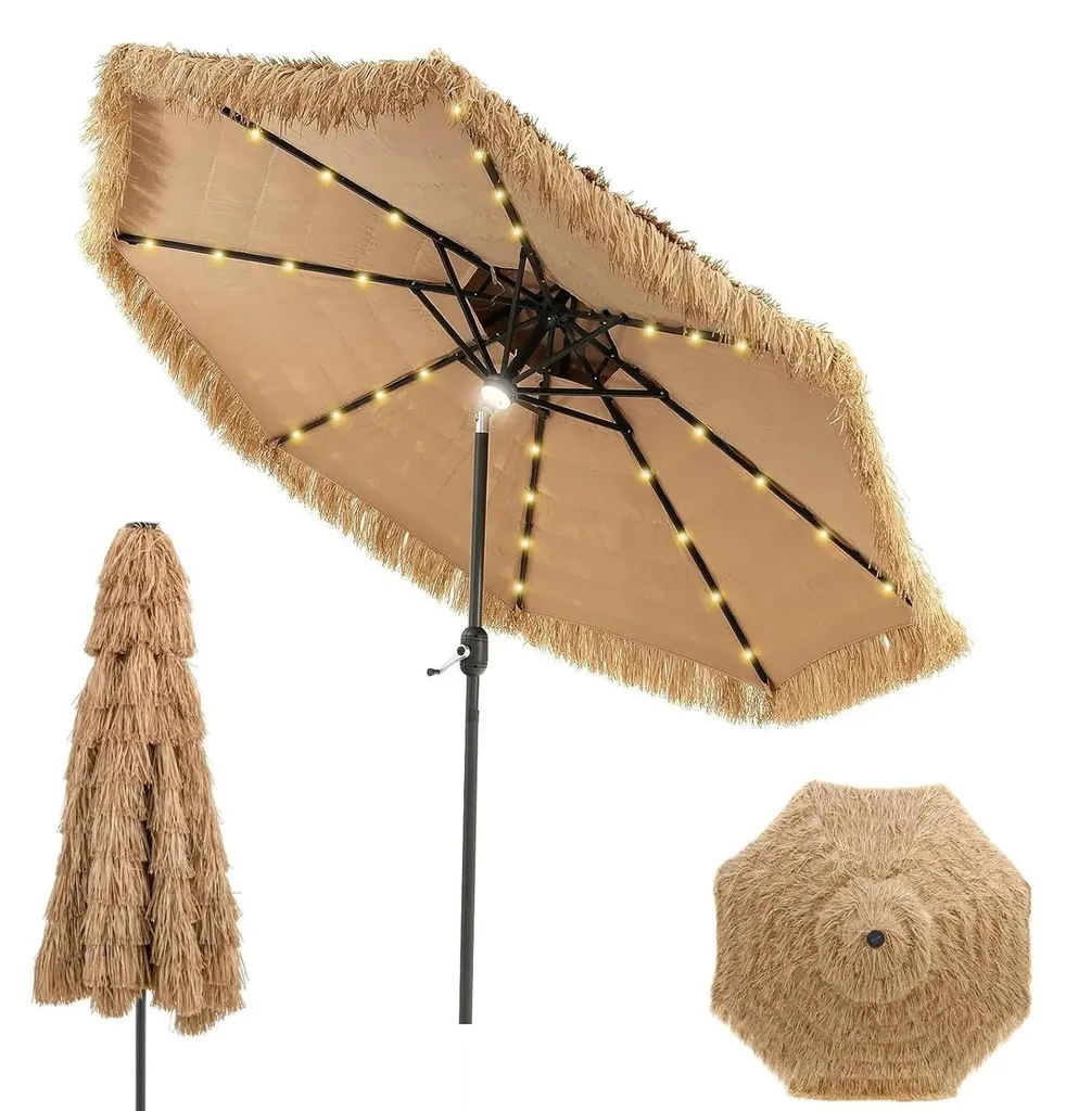 Parasol Solaire LED Anti-UV Style Hawaïen en Paille Marron Robuste