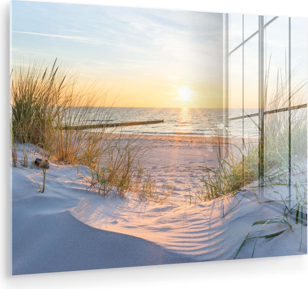 MuchoWow Glasbilder - Bilder auf Wandbild - Foto auf Glas Strand - Sonne - Düne - Gras - Sand - Horizont 40x30 cm Wanddekoration aus Glas - Acrylg...