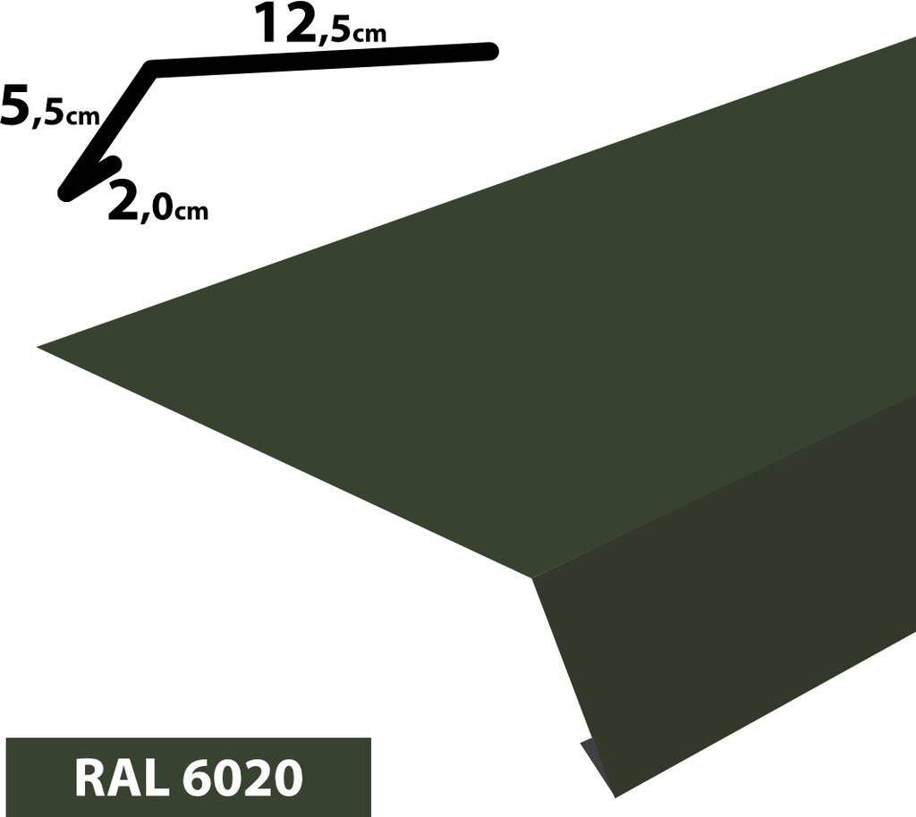 1m Traufblech pulverbeschichtetes Rinneneinhang Dachblech Rinneneinhang Traufe (20x55x125) RAL-6020 Chromooxidgrün