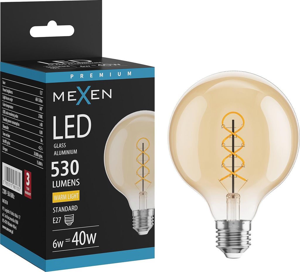 Mexen Vintis LED-Filament-Glühbirne Spirale E27, G95, 6W, Warm - 2700K, 530 lm, amber - L167-E27-0627-50