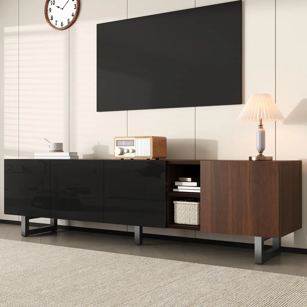 OKWISH Meuble TV Noir et Naturel 180cm avec 4 Portes et Rangement Fermé