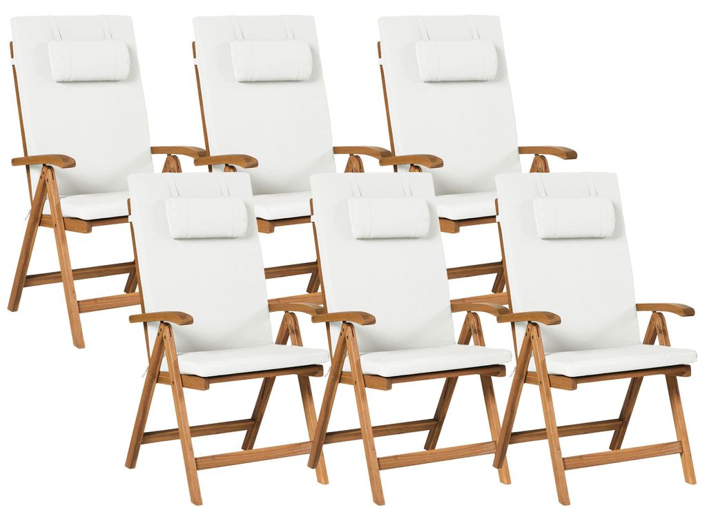 BELIANI Gartenstuhl 6er Set mit Auflagen Hellbraun u. Cremeweiß Akazienholz Verstellbar Klappbar UV-Beständig Rustikal Landhaus Stil Balkon Terra...