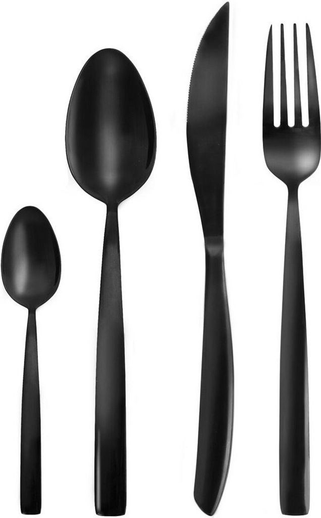 A set of black cutlery arranged on a white background.