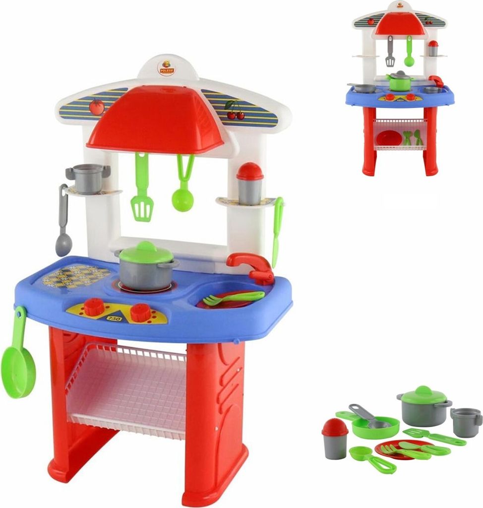 Polesie Kinderküche Jana 58812 Topf Besteck Teller Pfanne Waschbecken Kochplatte rot