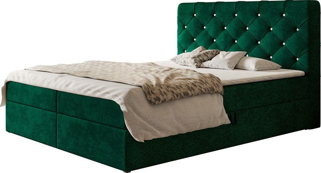 Boxspringbett BOSTON mit 2 Bettkästen, Polsterbett Maße: 120x200, Farbe: Dunkelgrün, Velourstoff, Doppelbett mit Bonell-Matratze
