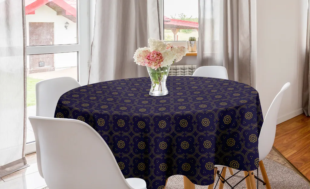 ABAKUHAUS Tovaglia rotonda orientale, motivi floreali Arching Dots, tovaglia circolare per sala da pranzo, decorazione cucina, 150 cm, indaco scuro, kaki scuro