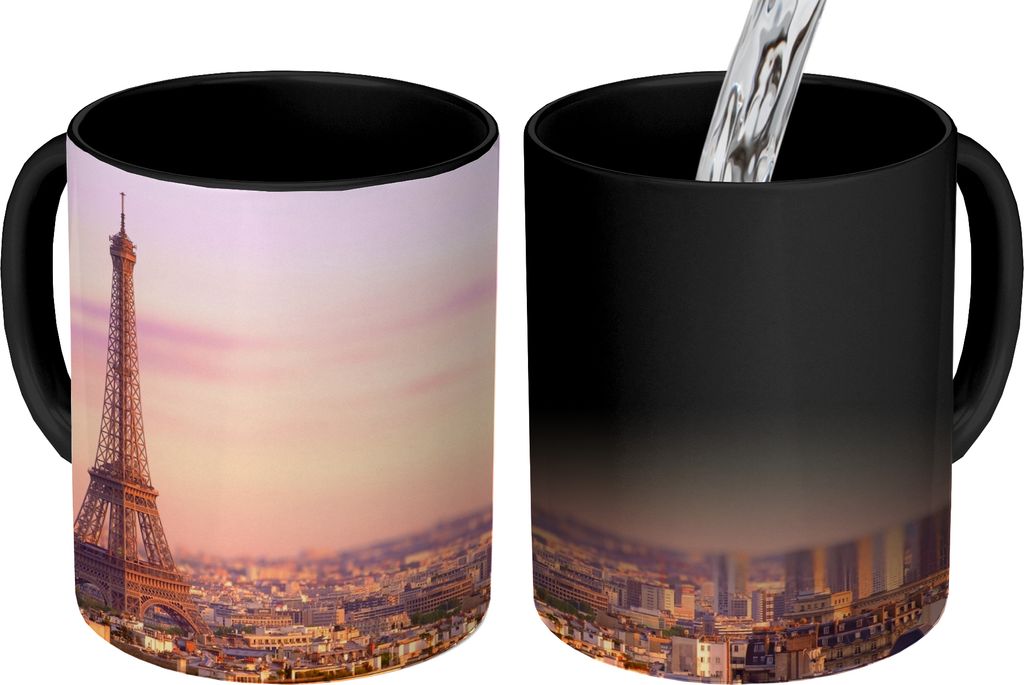 MuchoWow Zauber Tasse Zaubertasse Magic Blick über Paris mit dem Eiffelturm als Höhepunkt 350 ml Farbwechsel Becher Geschenk Geschenkidee - Mag...