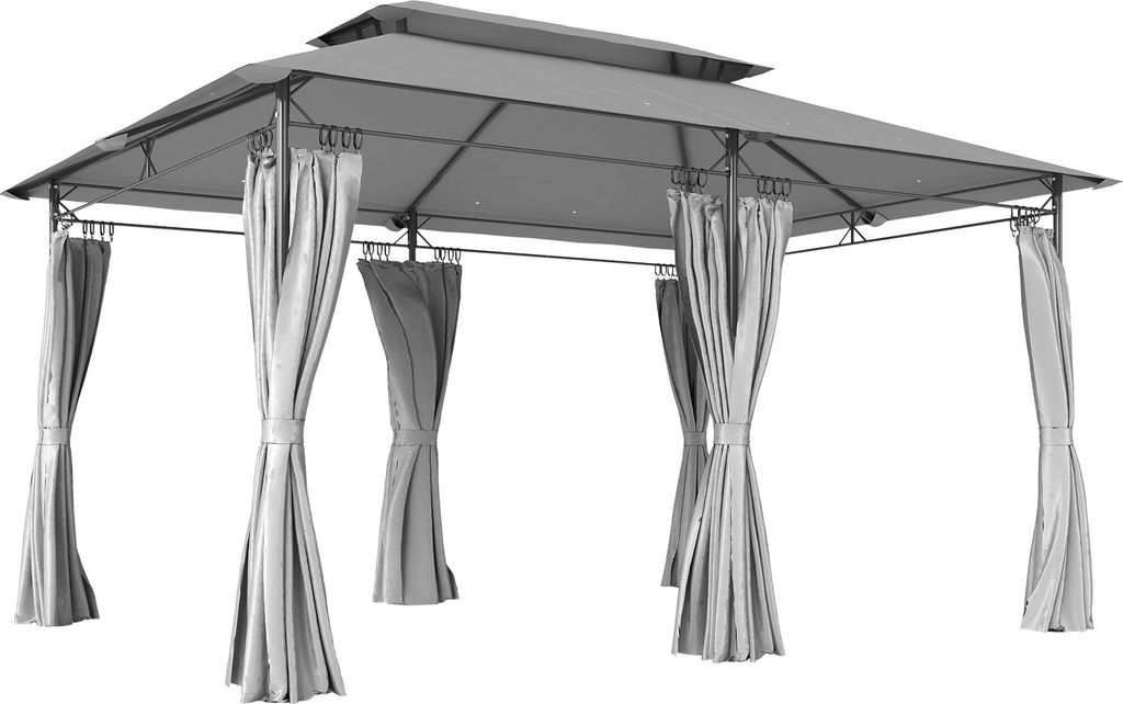 Gartenpavillon 3x4 m mit abnehmbaren Vorhängen, Doppeldach und Metallgestell, Dunkelgrau